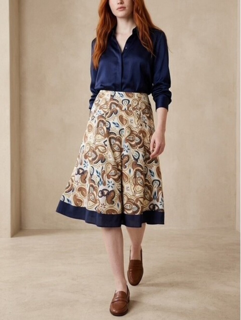 Ann Klein Printed Midi Skirt with Navy Border, Size 10